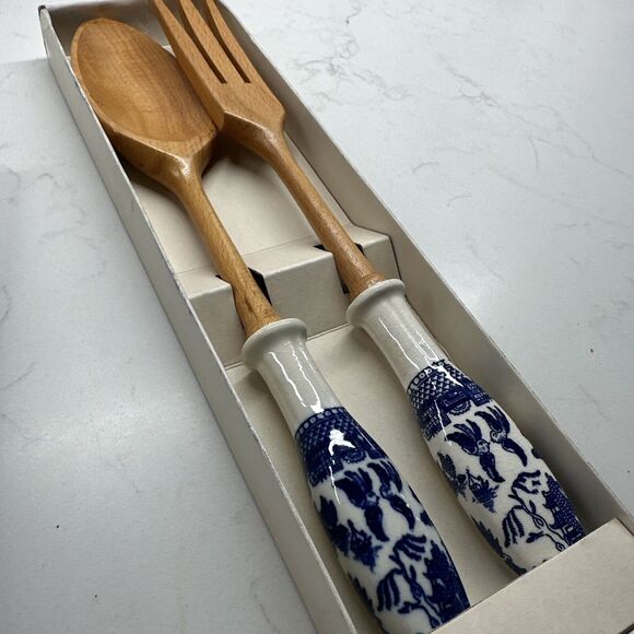 Vintage  Serving Fork/Spoon DELFT STYLE ceramic Blue White Party Host Gift - Picture 7 of 9